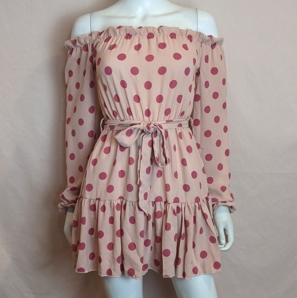 PrettyLittleThing Polka Dot Bardot Tie Waist Dress - Picture 1 of 5